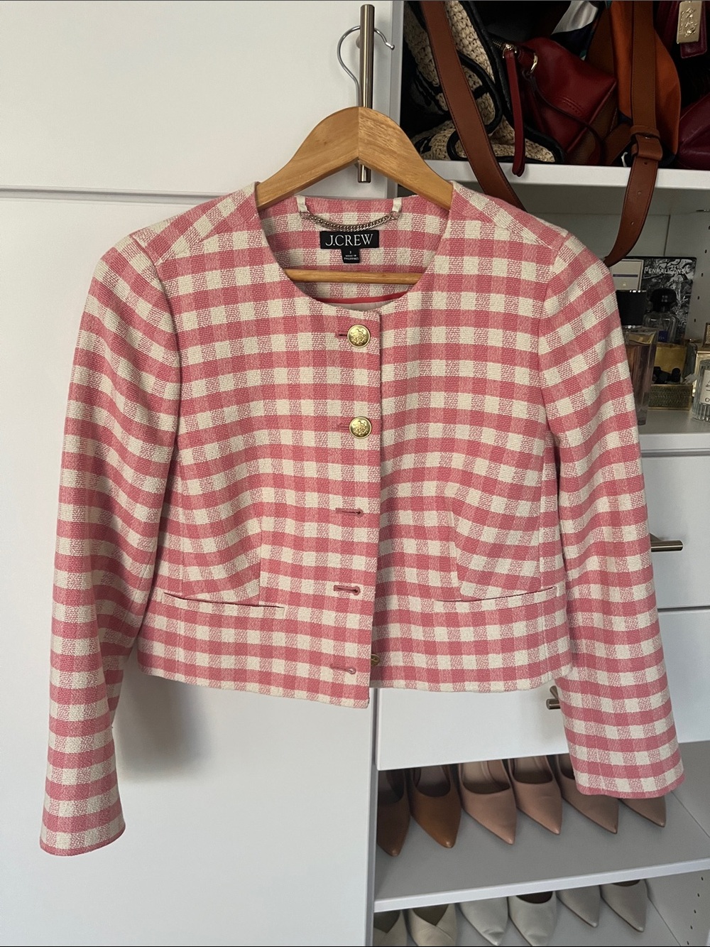 J. Crew Pink and White Gingham Cropped Blazer